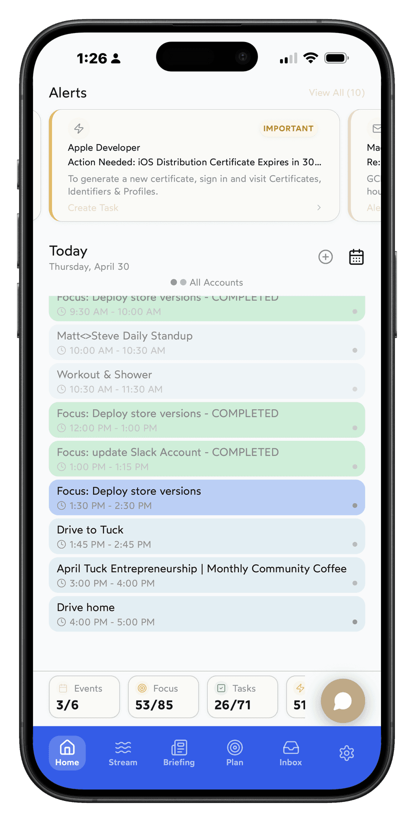 ThinkStream app showing alerts, today's schedule with focus blocks, and bottom navigation