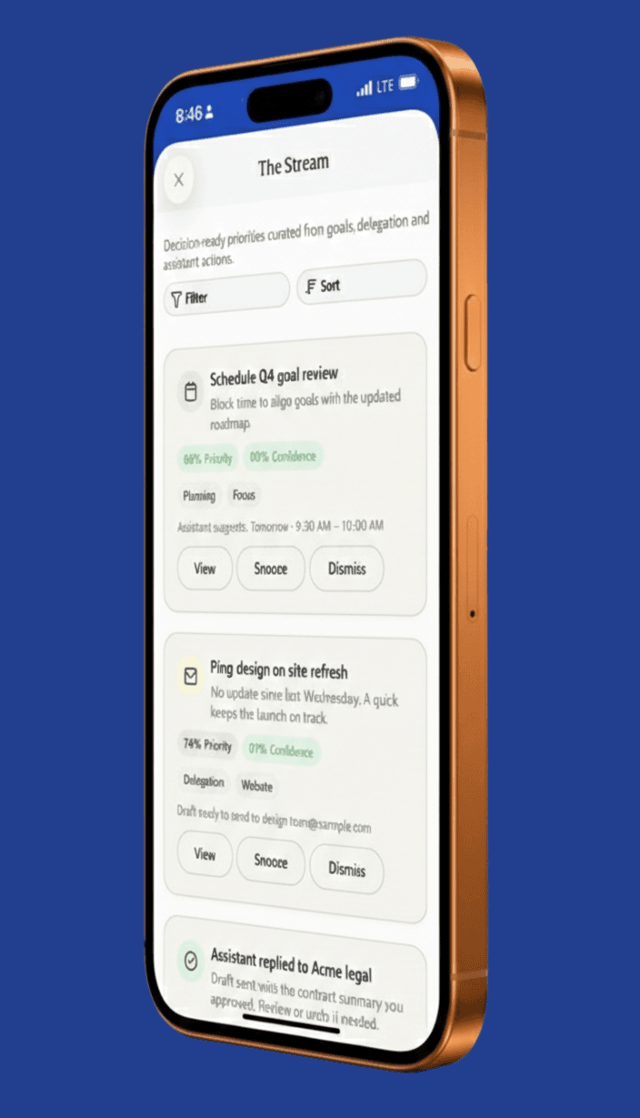 ThinkStream app showing The Stream - decision-ready priorities curated from goals, delegation, and assistant actions